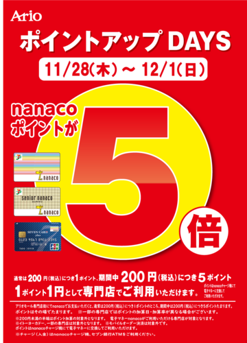 アリオモール専門店街特別企画 nanacoポイントアップDAYS　nanacoポイント5倍