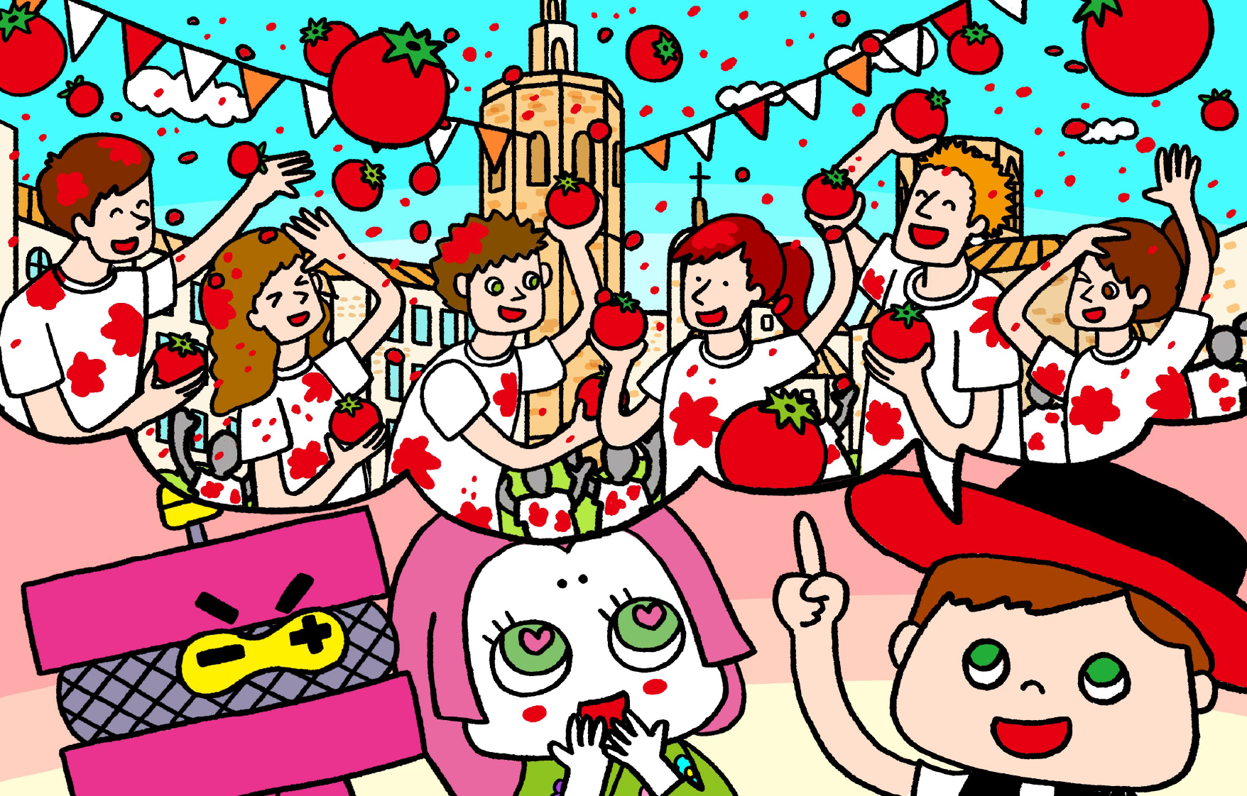 外国から来た男の子が、自分の国のおまつり（トマトまつり）について説明をしている。